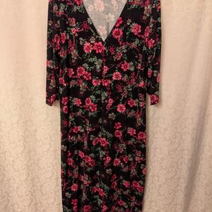 Ulla Popken Floral Black and Pink Long Sleeve Maxi Dress